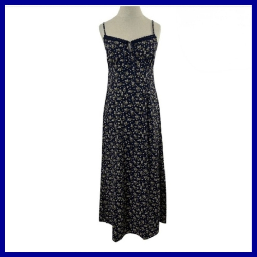 Navy Blue Floral Maxi Slip Dress with Cream Floral Accents